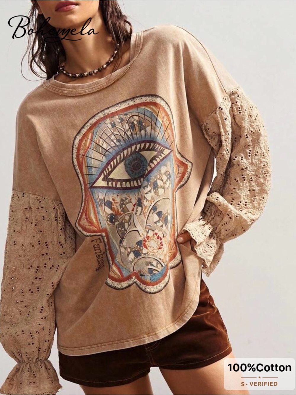 NWOT Bohemela Beige Evil Eye Print Long Sleeve Tee with Eyelet Sleeves, Large - Picture 3 of 16